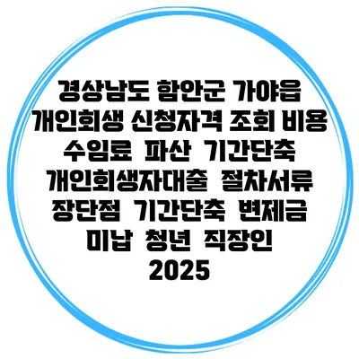 경상남도 함안군 가야읍 개인회생 신청자격 조회 비용 수임료 | 파산 | 기간단축 | 개인회생자대출 | 절차서류 | 장단점 | 기간단축 | 변제금 미납 | 청년 | 직장인 2025
