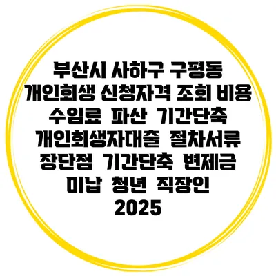 부산시 사하구 구평동 개인회생 신청자격 조회 비용 수임료 | 파산 | 기간단축 | 개인회생자대출 | 절차서류 | 장단점 | 기간단축 | 변제금 미납 | 청년 | 직장인 2025
