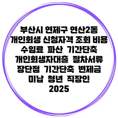 부산시 연제구 연산2동 개인회생 신청자격 조회 비용 수임료 | 파산 | 기간단축 | 개인회생자대출 | 절차서류 | 장단점 | 기간단축 | 변제금 미납 | 청년 | 직장인 2025